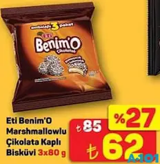 ETİ BENİMO MARSHMALLOWLU ÇİKOLATA KAPLI BİSKÜVİ 3X80 G ETİ BENİMO MARSHMALLOWLU ÇİKOLATA KAPLI BİSKÜVİ 3X80 G